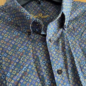 Alan Flusser Men's XXL Navy Blue Graphic Print Button Down‎ Long Sleeve Shirt